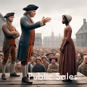 AI generated image of the 1760s public auction of a young enslaved Black girl. Image created with the assistance of AI.